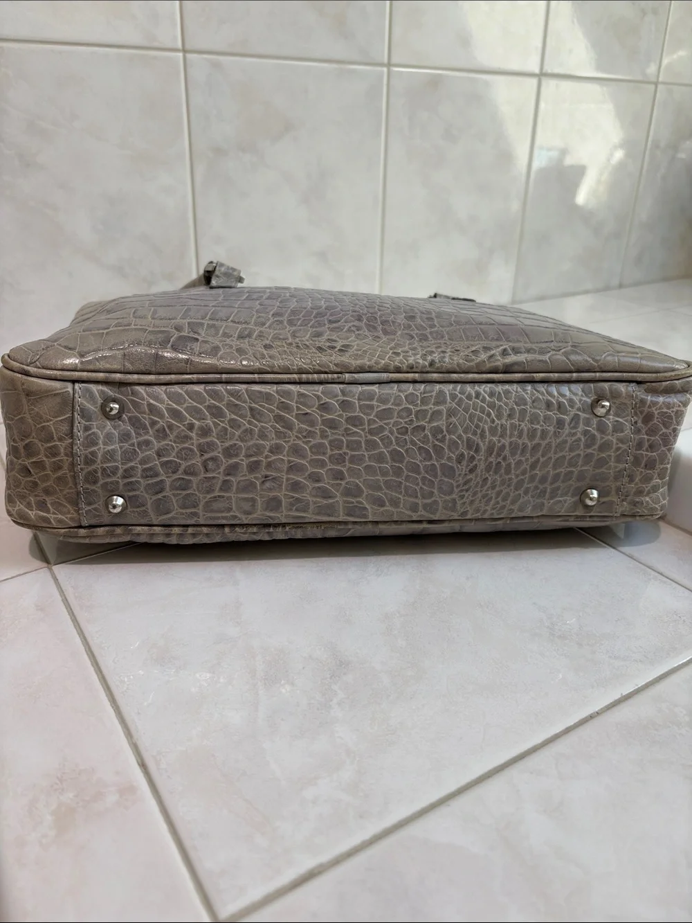Tanner, Made in Italy ,Croc-Embossed Taupe/Gray Leather Top-zip Satchel